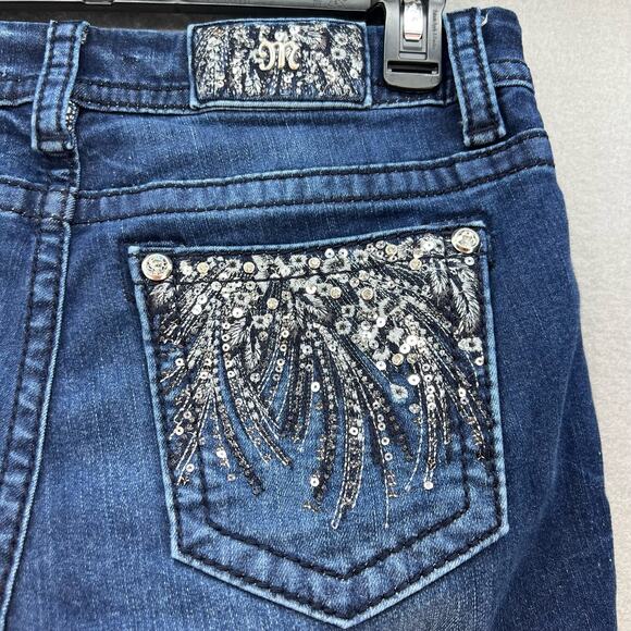 Miss Me Jeans Women's 29x29.5 (8) Dark Blue Easy Skinny Sequins Flower Bling - Picture 5 of 14